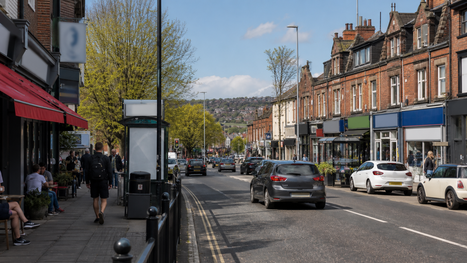 Abbeydale Road shops and food spots, real traffic and pavements.