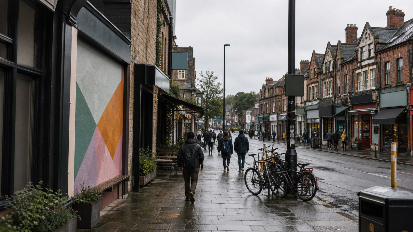 Independent shops, street art hints, pedestrians.