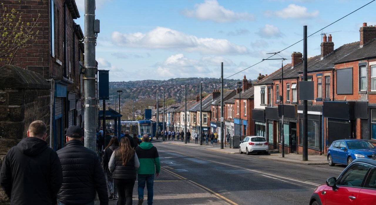 An ordinary Hillsborough street with a hint of the tram route.